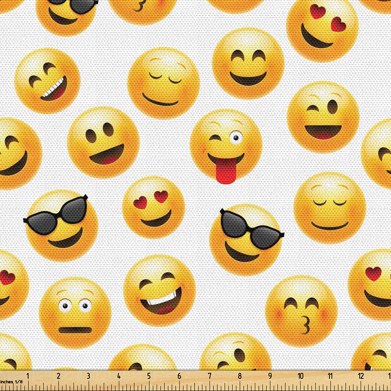 Ambesonne Emoticon Fabric by the Yard, Smiling Face Character Illustration Feeling Happy Cool Surprised and in Love, Decorative Fabric for Upholstery and Home Accents, 3 Yards, Yellow Black Red